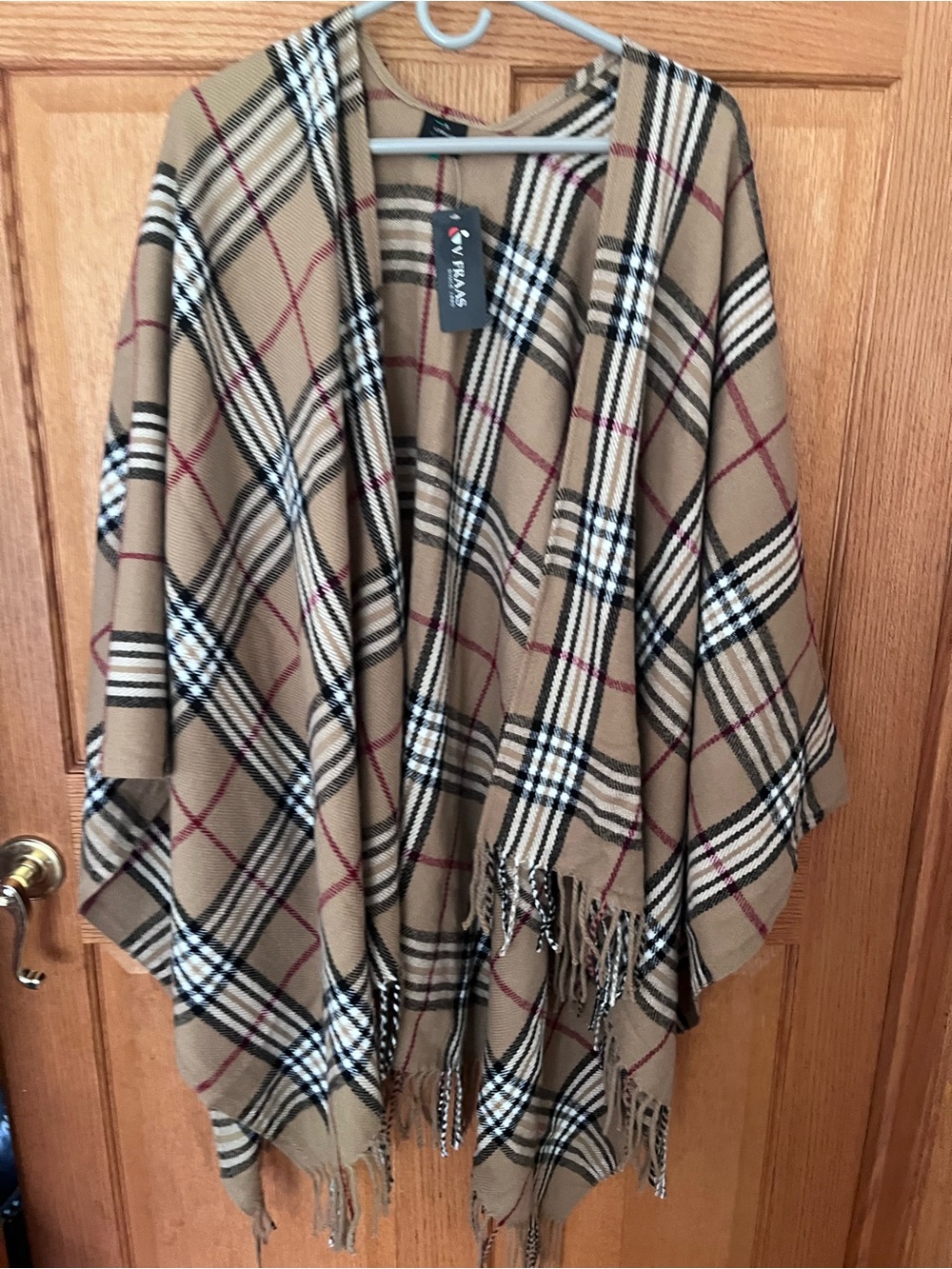 V. Fraas Plaid Fringe Shawl Cape in Camel